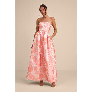 Lulus Laurelin Blush Floral Jacquard Pleated Strapless Maxi Dress Pink - Size M